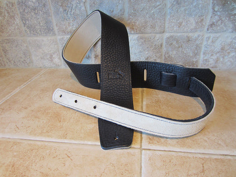 2.5 3 Platinum STAR Black with Black Leather Backed Luxury Guitar Strap